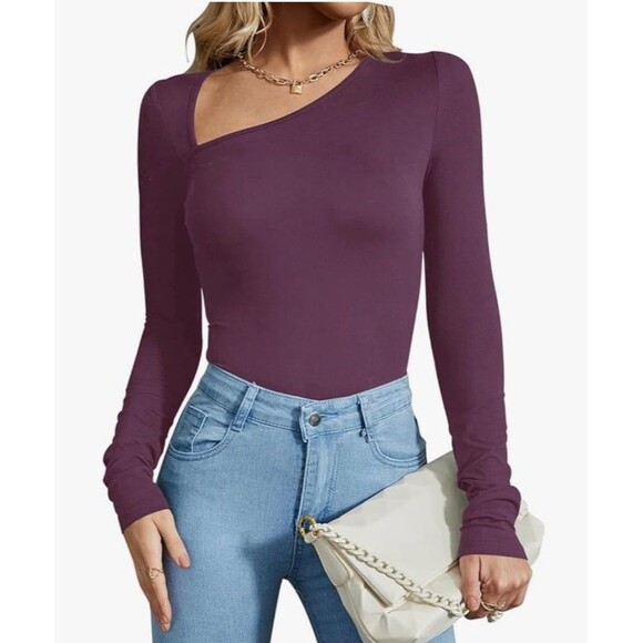 REORIA Asymmetrical Neck Bodysuit Women’s Size M Plum Thong Stretchy NWOT - Picture 11 of 12